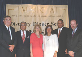 MCCA 2004 Honorees (l to r) CG Appleby, Booz Allen Hamilton; Nolan Atkinson, Jr., Duane Morris LLP; Judith Soltz, CIGNA Corporation; Veta Richardson, MCCA; William Cook, Arnold & Porter; and Glenn Engelmann, AstraZeneca Pharmaceuticals